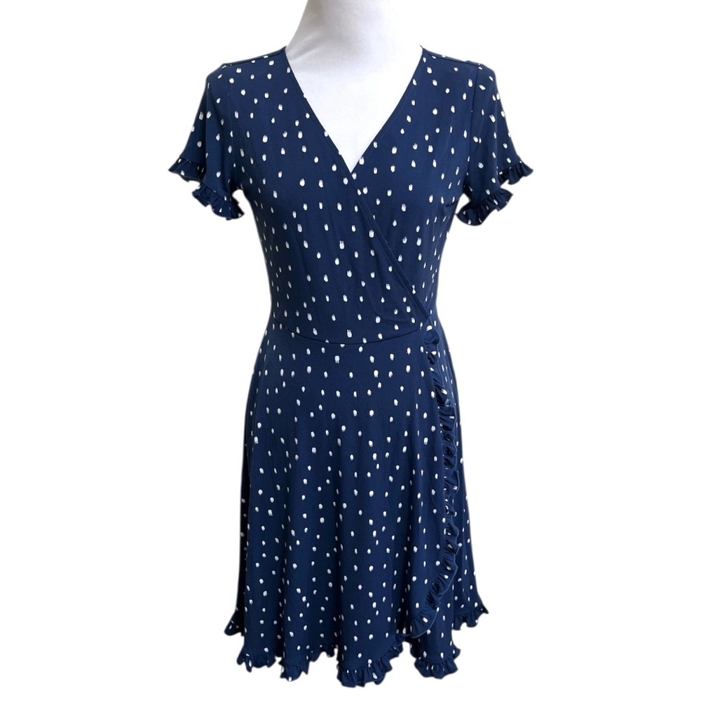 NWT Gilli Blue and White Ruffled Wrap above Knee Dress Sample Size S